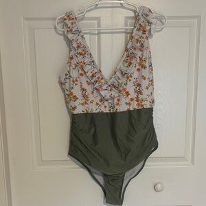 SHEIN Floral and Olive Green One Piece Swimsuit